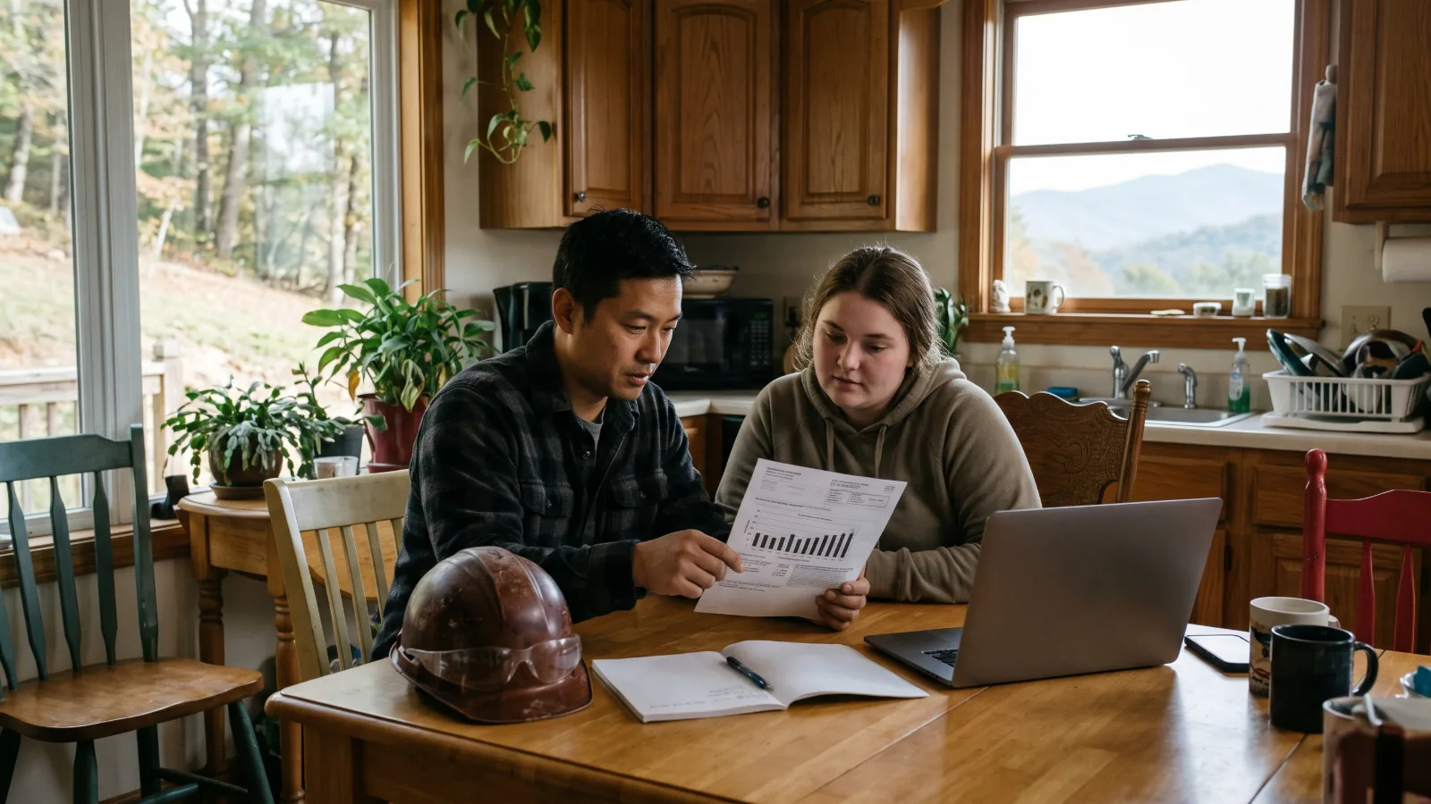 A contractor and a homeowner look over an electric bill at a kitchen table with an open laptop, planning a home solar installation.