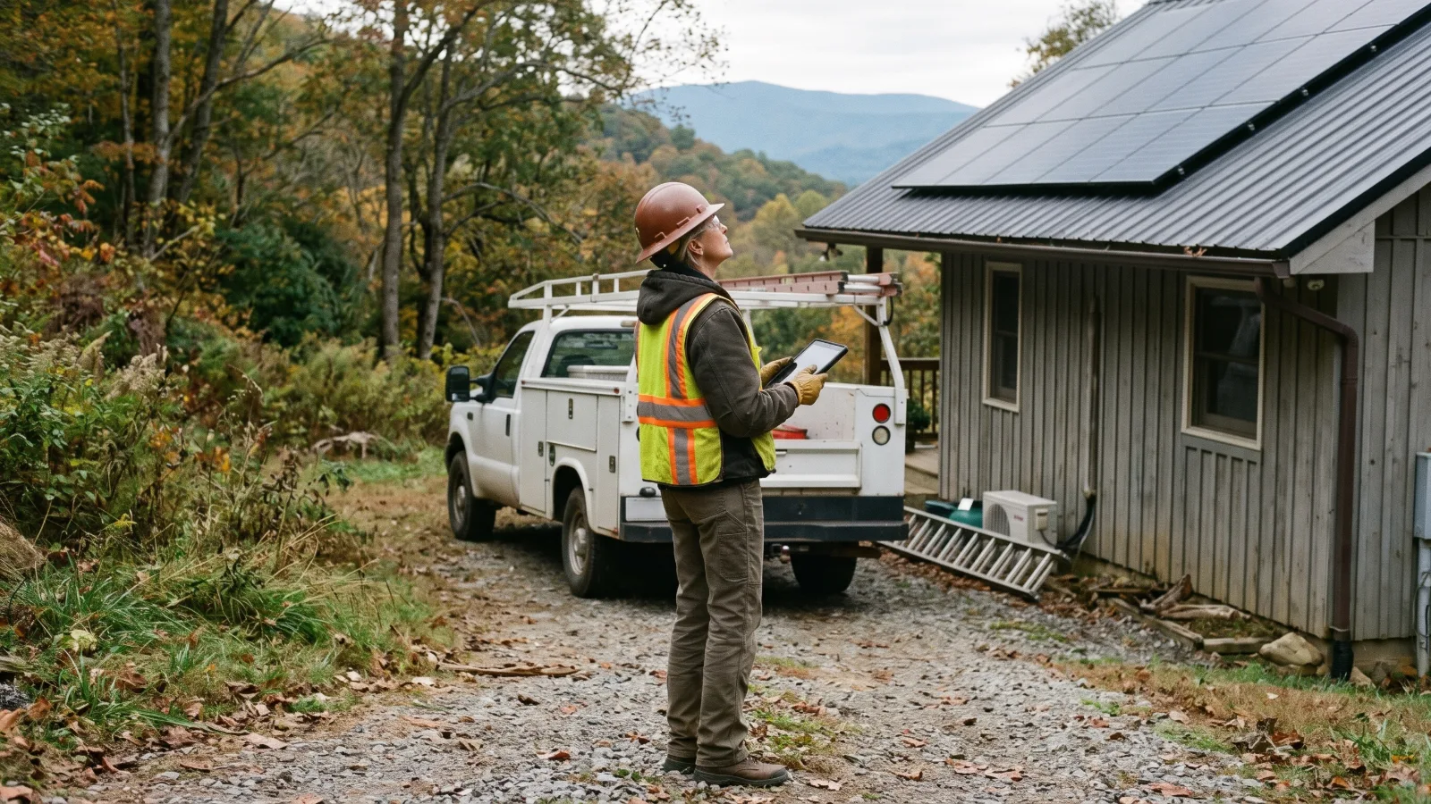 A contractor holding a tablet stands on a gravel driveway, inspecting a mountain home's roof solar installation.