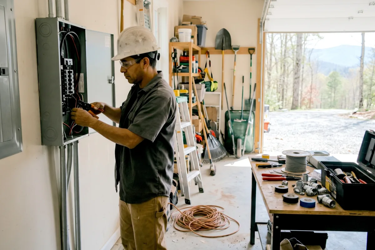 A contractor wires an electrical panel inside a home garage, with tools on a workbench and a mountain view visible outside.