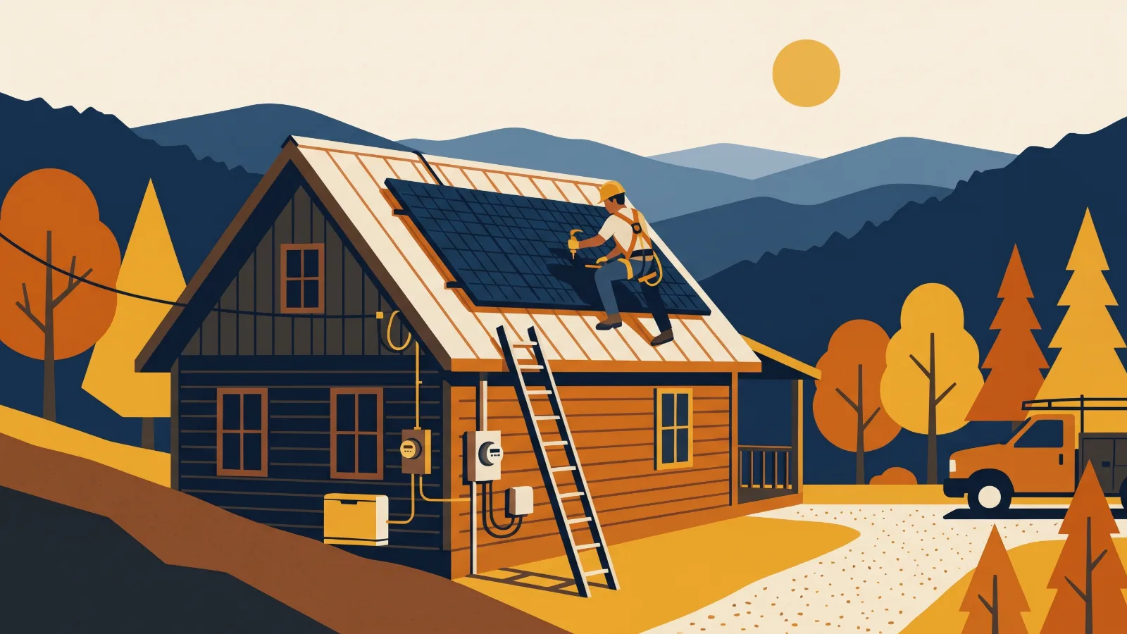 A flat, geometric illustration of a worker installing solar panels on a mountain cabin's metal roof with hazy blue hills behind.