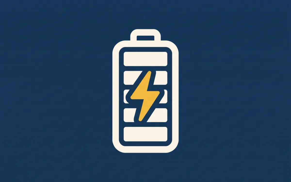A bold, simple flat icon of a battery with a lightning bolt on a solid dark navy background.