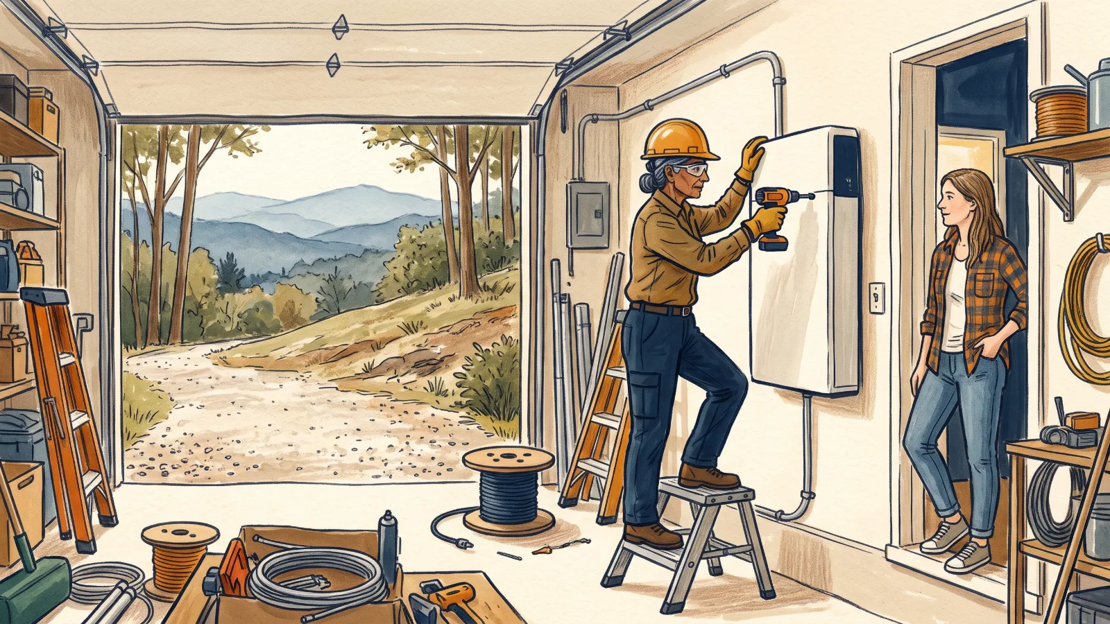 A hand-painted illustration of an electrician mounting a home battery inside a garage, with a homeowner watching.