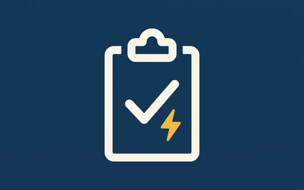 A bold, simple flat icon of a clipboard with a checkmark and small lightning bolt on a solid dark navy background.