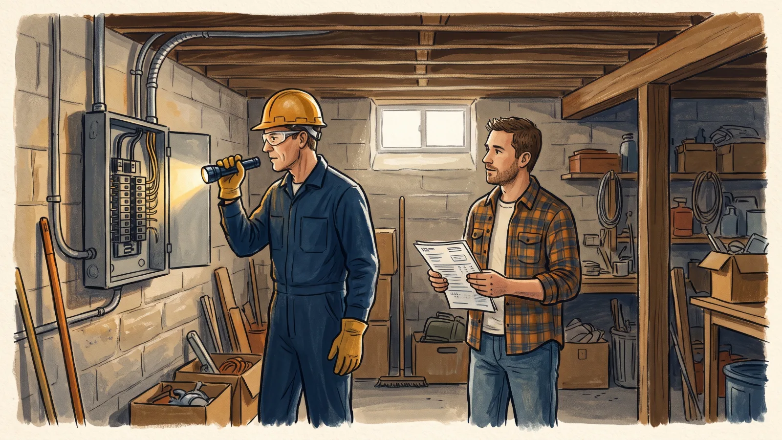 A hand-painted illustration of a contractor inspecting an electrical panel in a basement during a Home Energy Evaluation, with a homeowner holding a utility bill.