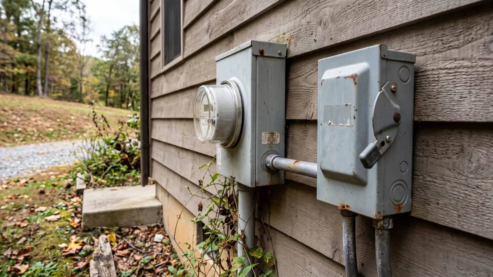 An electric meter and a solar disconnect switch with metallic conduit are mounted on the side of a mountain home.