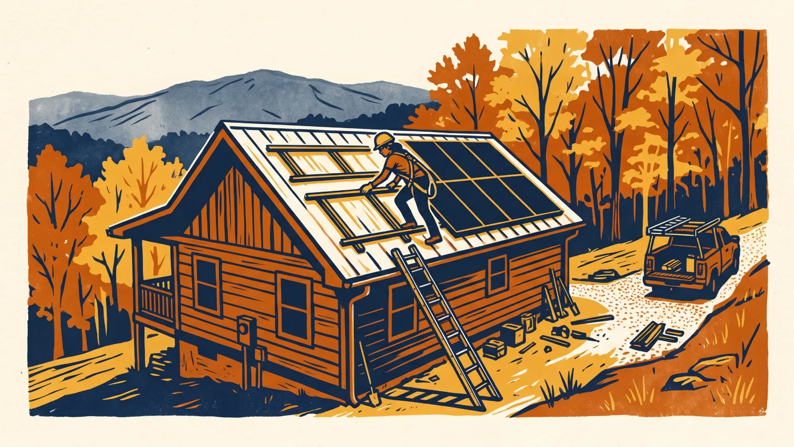 A three-color linocut block print of a worker installing solar panels on the roof of a mountain cabin.