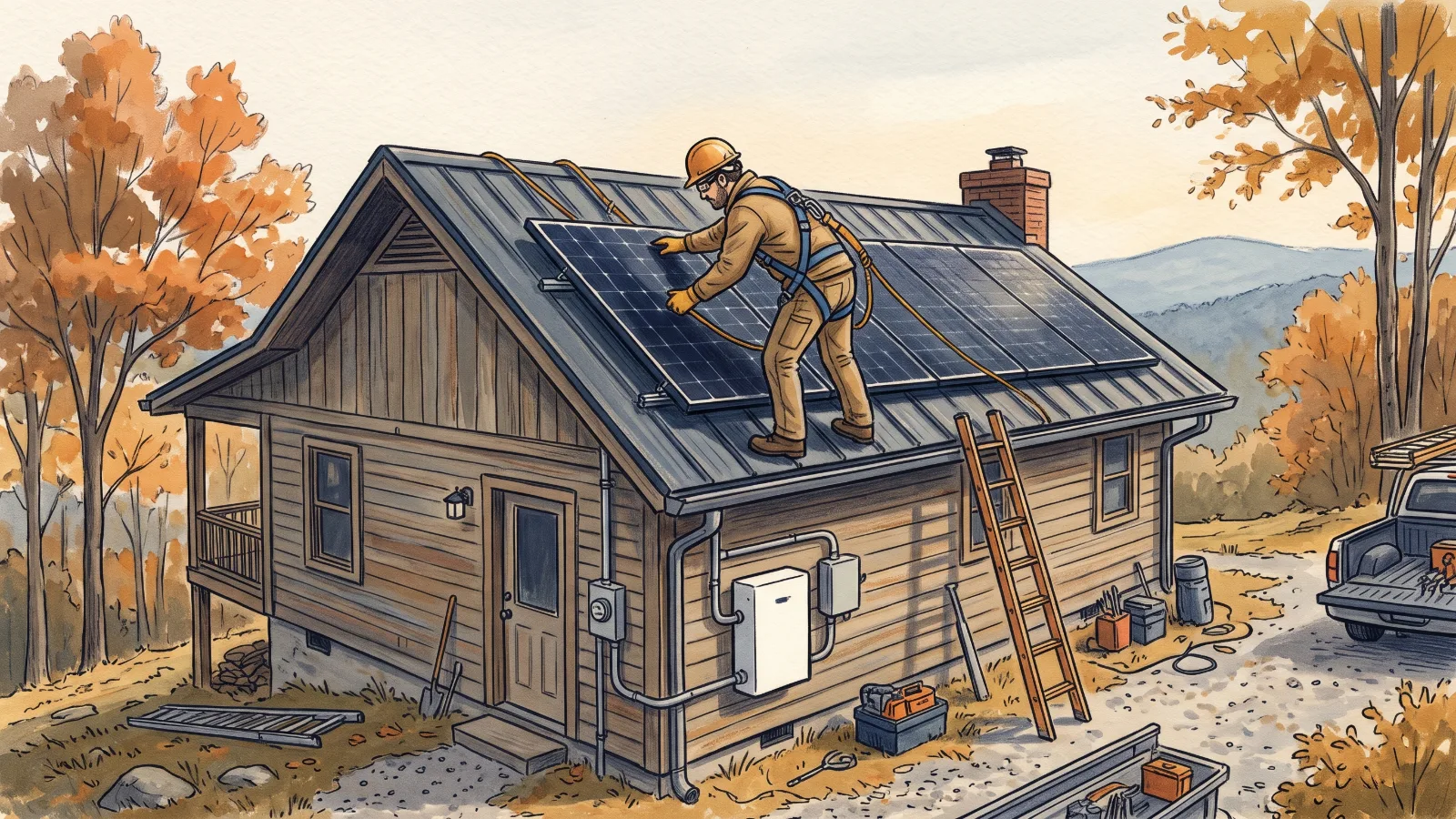 A hand-painted illustration of a contractor installing Solar Panels with Battery Backup on a metal roof of a mountain cabin.