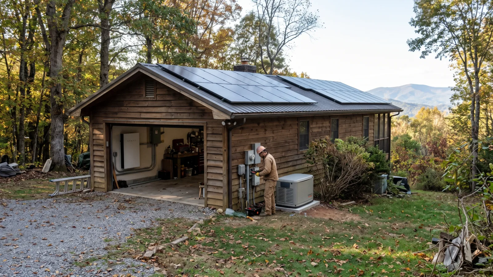 A contractor works on an exterior electrical panel at a mountain home with roof solar panels, an open garage showing a battery backup, and a generator.