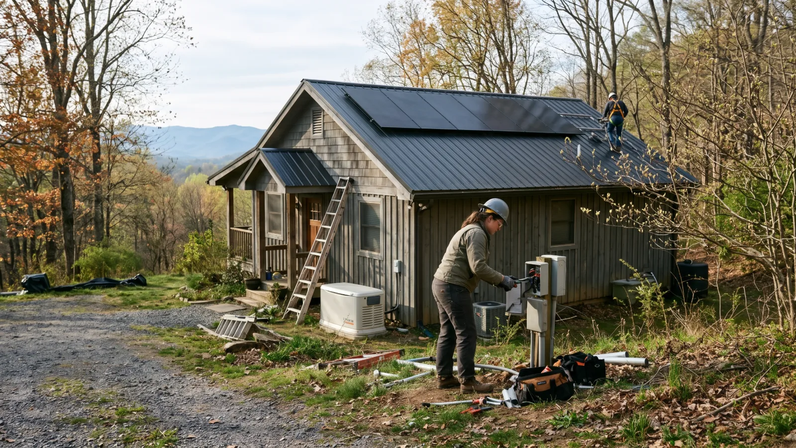 A contractor installs electrical components for a home backup system at a mountain cabin with roof solar panels.