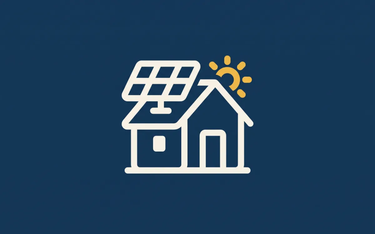 A bold, simple flat icon of a small cabin with a rooftop solar panel and a sun, with no power lines, on a solid dark navy background.