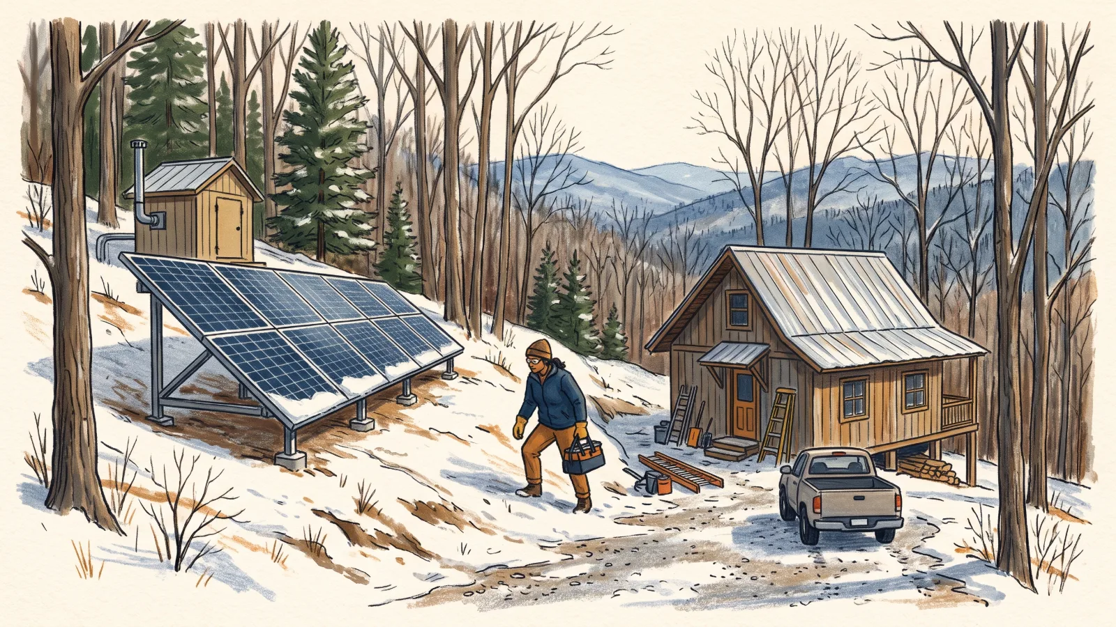 A hand-painted illustration of a small off-grid cabin with ground-mounted Off-Grid Solar Systems and a generator shed in winter.