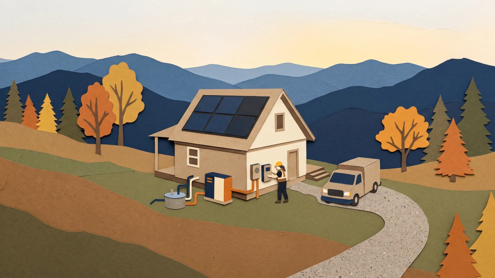 A paper-cut collage artwork of a mountain home with solar panels and a worker setting up a battery backup for a well pump.