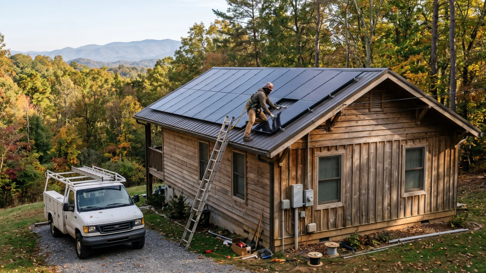 A contractor installing solar panels on the roof of a mountain bungalow in Buncombe County, NC and Charlotte, NC and Mecklenburg County, NC.