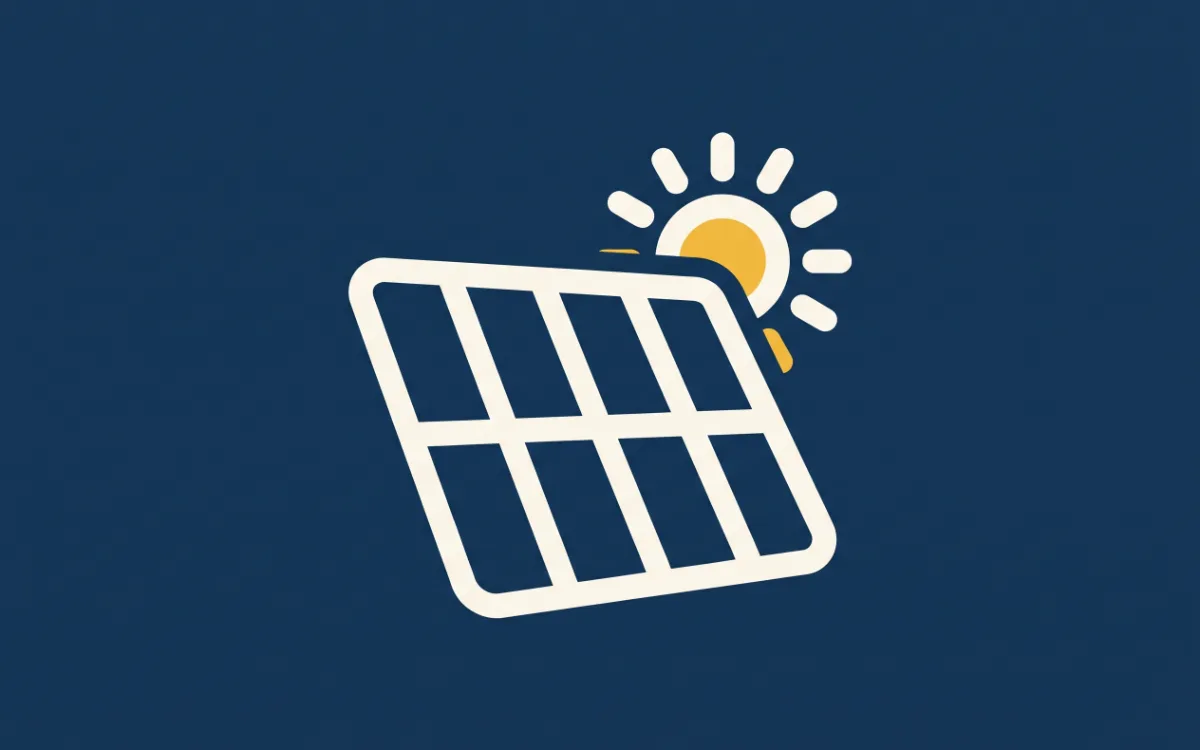 A bold, simple flat icon of a tilted solar panel beneath a shining sun on a solid dark navy background.