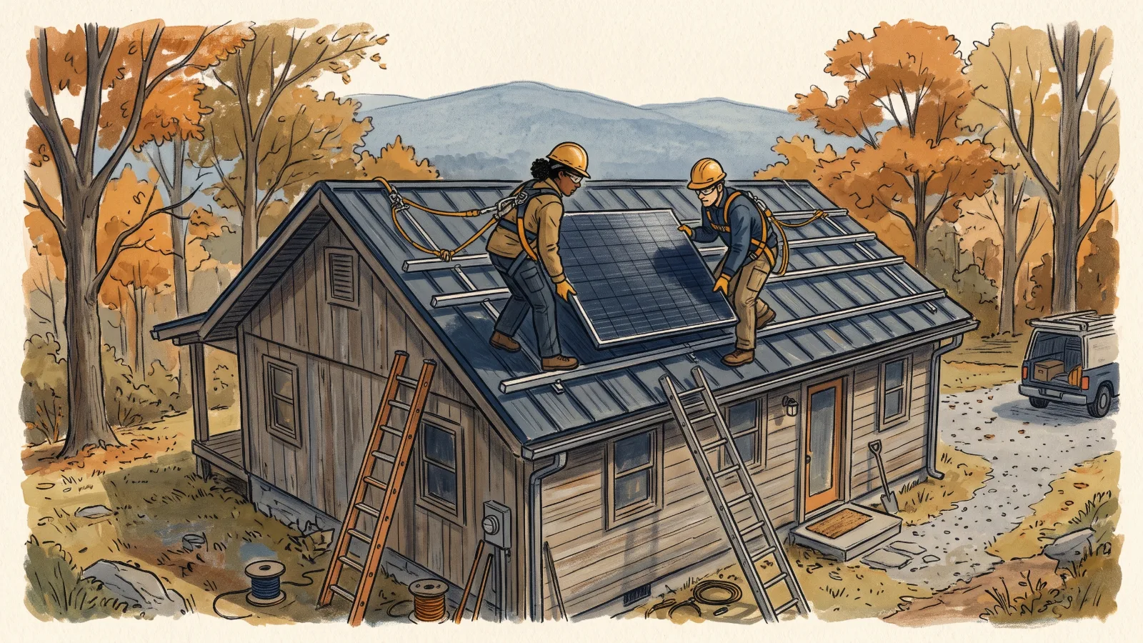 A hand-painted illustration of two installers with fall protection setting a solar panel onto roof rails of a mountain cabin.