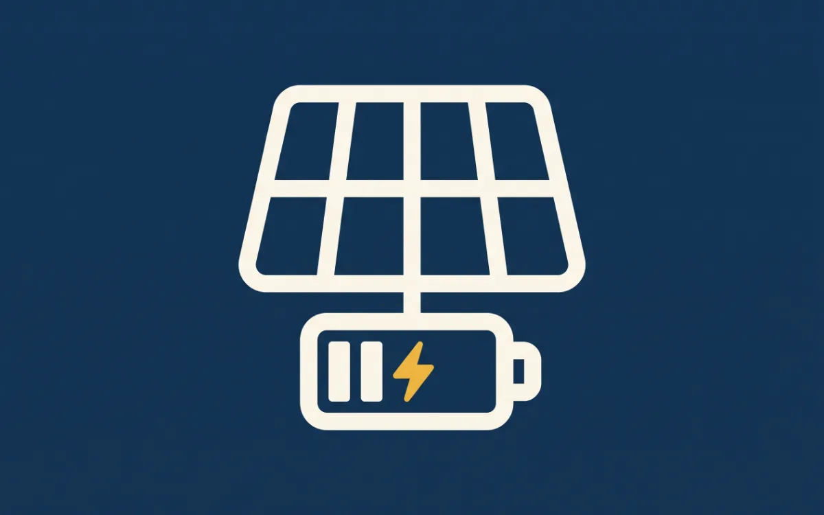 A bold, simple flat icon of solar panels with battery backup shown below them on a solid dark navy background.