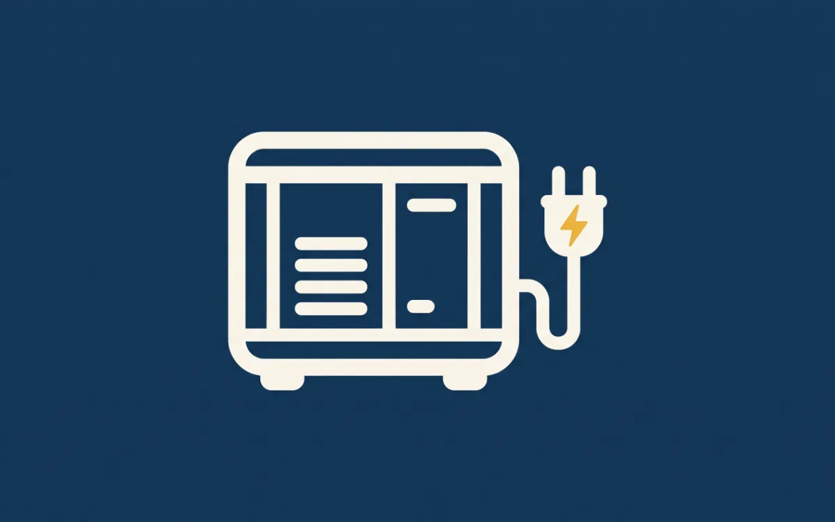 A bold, simple flat icon of a boxy standby generator with an attached power plug on a solid dark navy background.