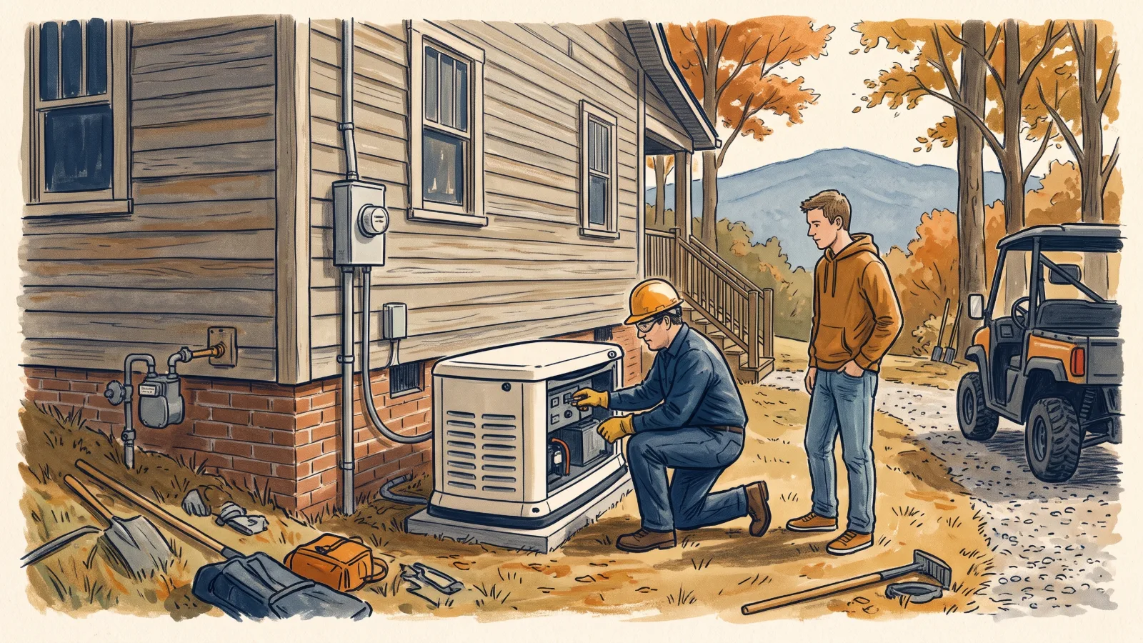 A hand-painted illustration of a technician starting up a new standby generator with the homeowner watching on.